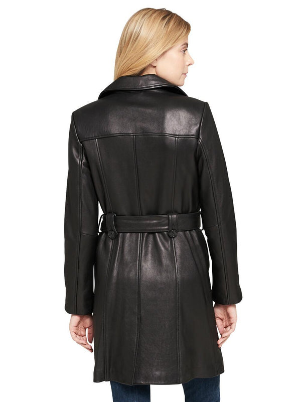 Women's Double-Breasted Belted Leather Trench Coat