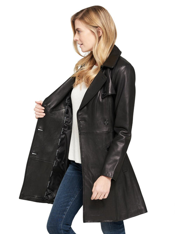 Women's Double-Breasted Belted Leather Trench Coat