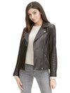 Women's Asymmetrical Zip Leather Jacket w/ Metallic Details Black