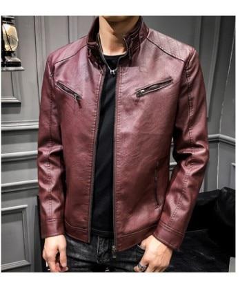 LNREAL Men's Synthetic Leather Jackets Solid Slim Stand Collar Zipper Fashion Coat